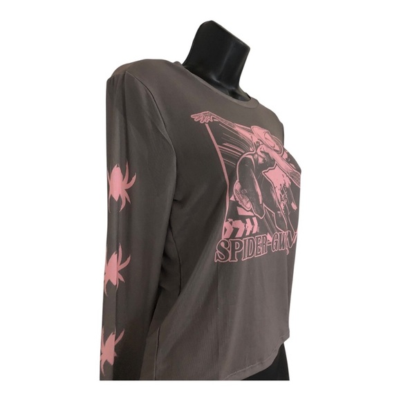 Marvel’s Spiderman Gwen olive green brown pink graphic print sheer mesh top sz L - Picture 8 of 16